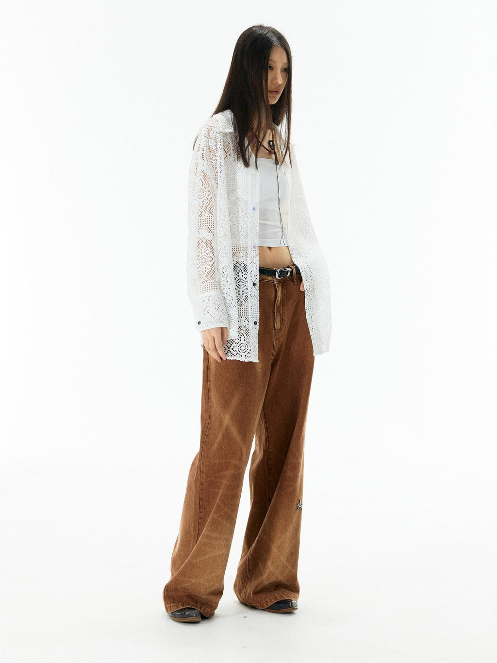 APRIORITY Caramel Special Wash Metal Zipper Women's Cotton Denim Wide-leg Jeans