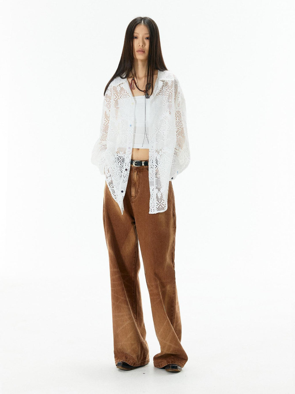 APRIORITY Caramel Special Wash Metal Zipper Women's Cotton Denim Wide-leg Jeans