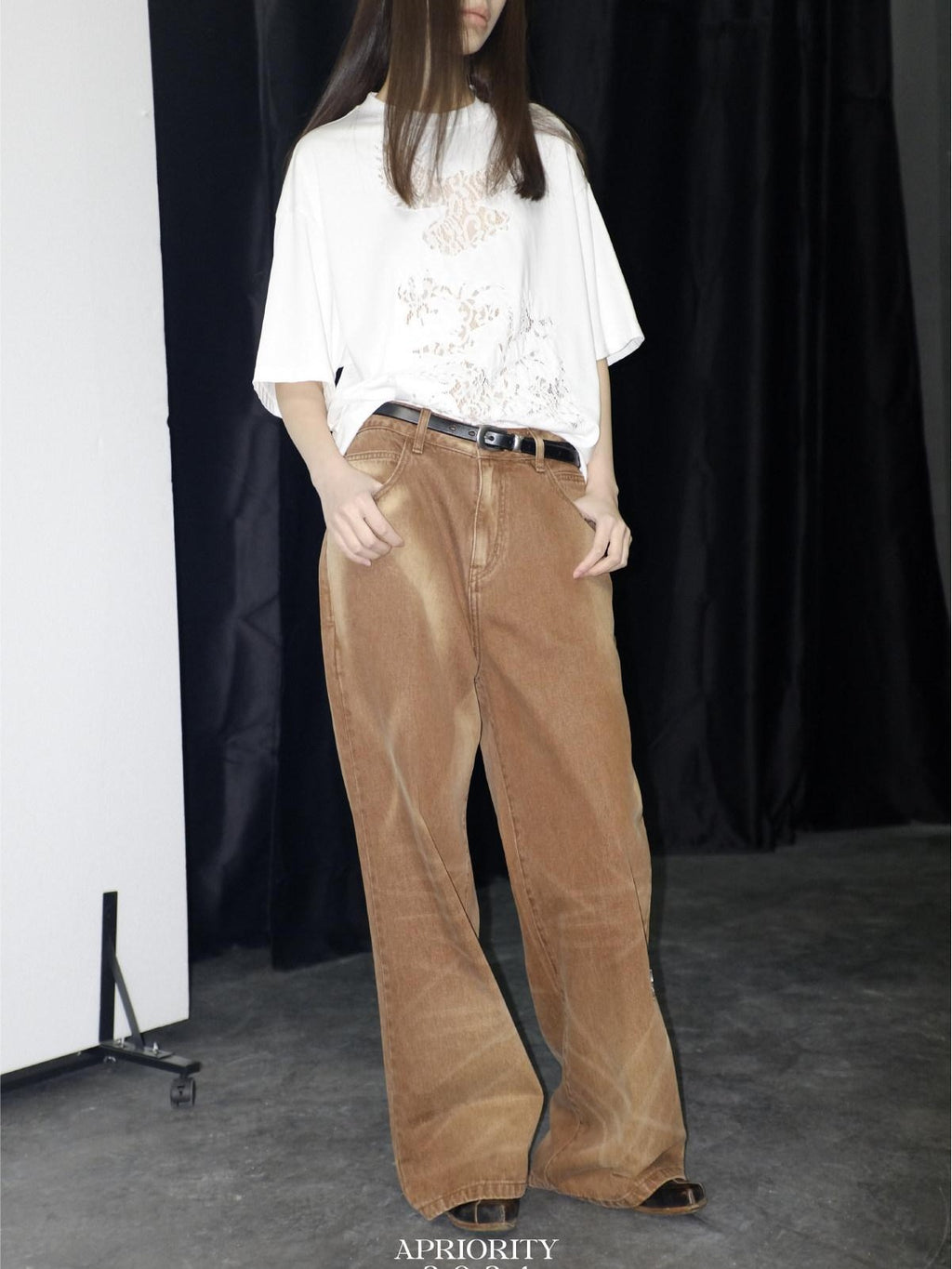 APRIORITY Caramel Special Wash Metal Zipper Women's Cotton Denim Wide-leg Jeans