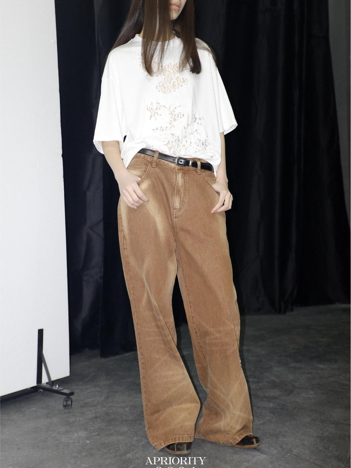 APRIORITY Caramel Special Wash Metal Zipper Women's Cotton Denim Wide-leg Jeans