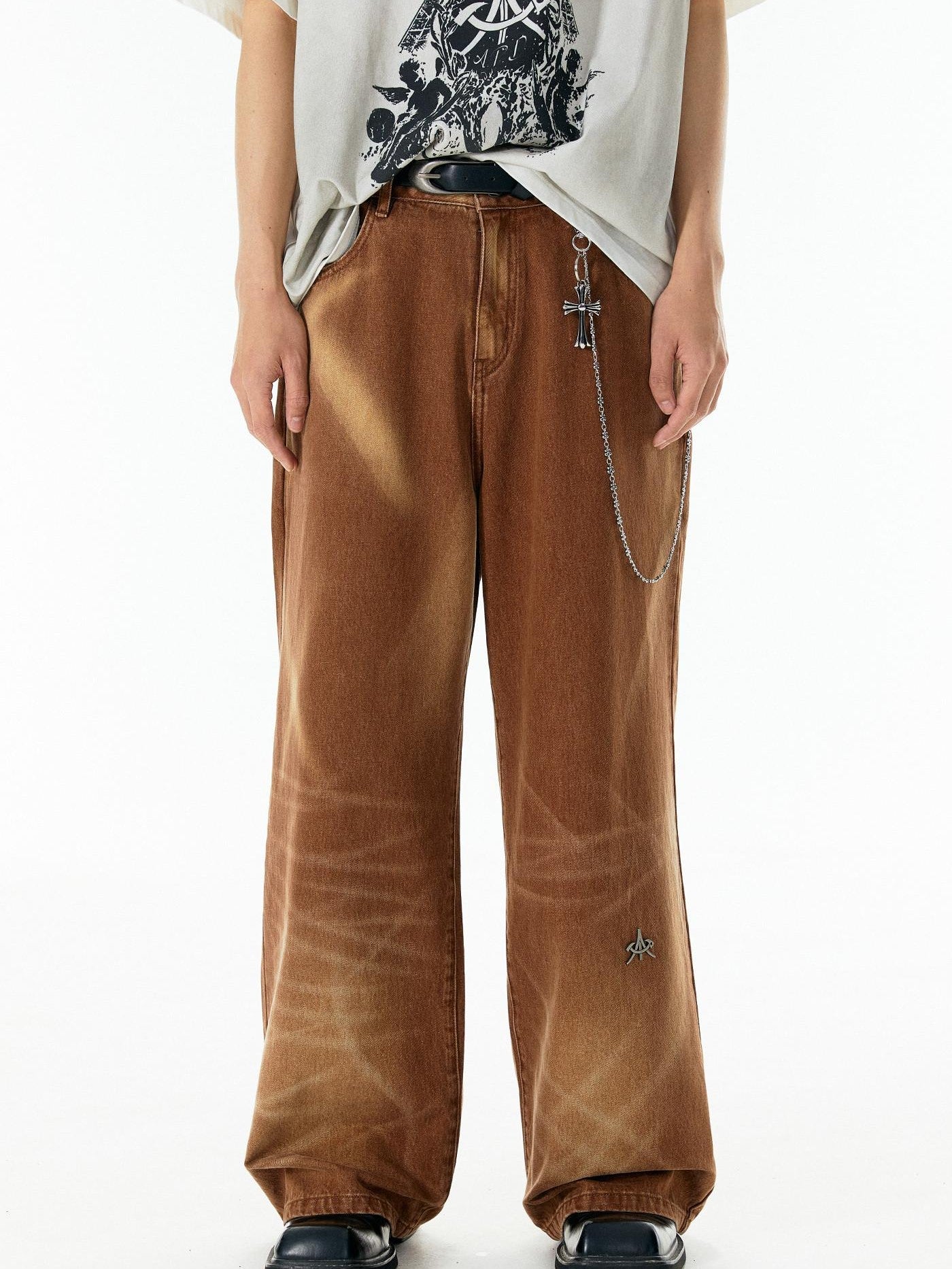 APRIORITY Caramel Special Wash Metal Zipper Women's Cotton Denim Wide-leg Jeans