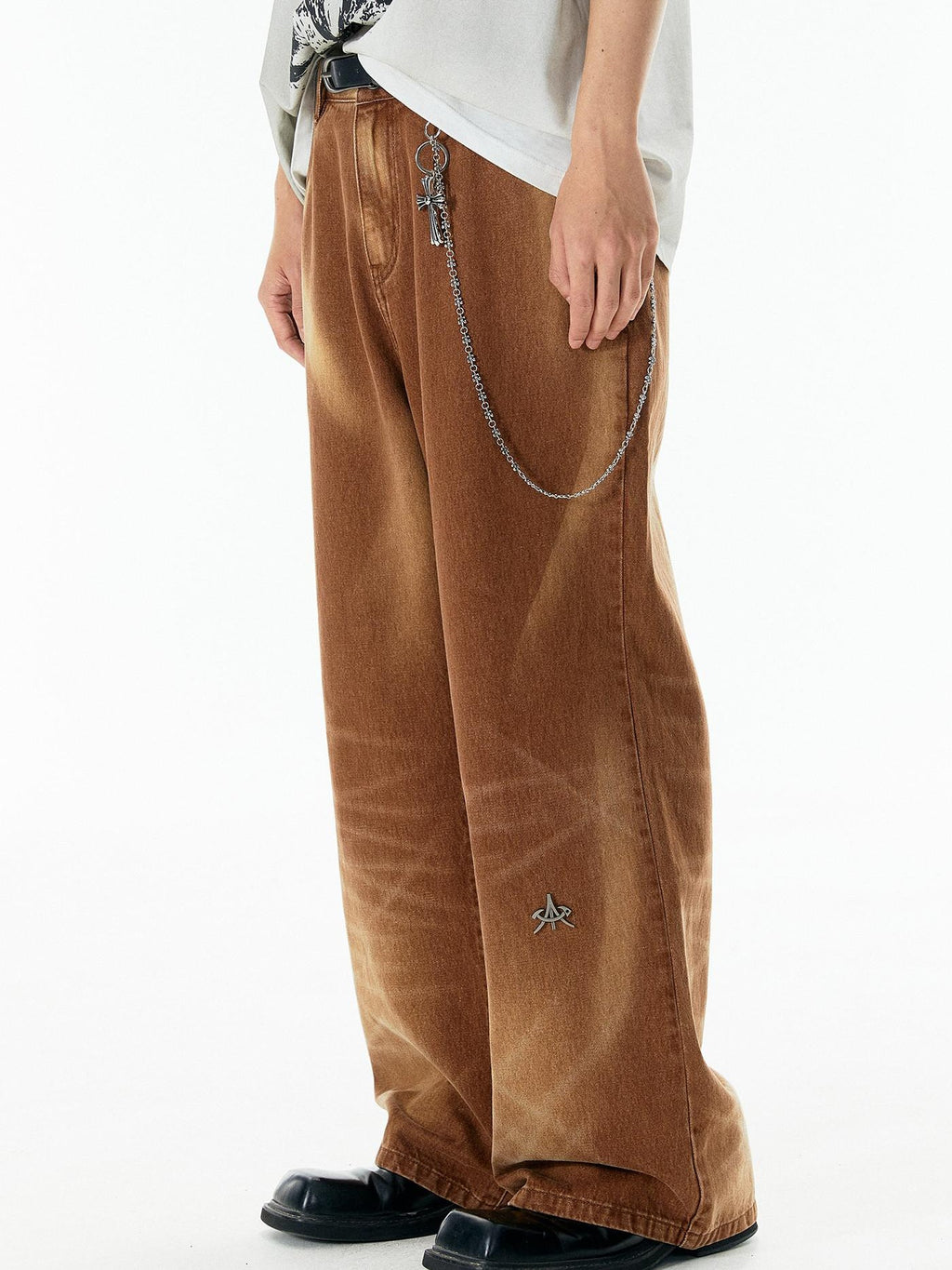 APRIORITY Caramel Special Wash Metal Zipper Women's Cotton Denim Wide-leg Jeans