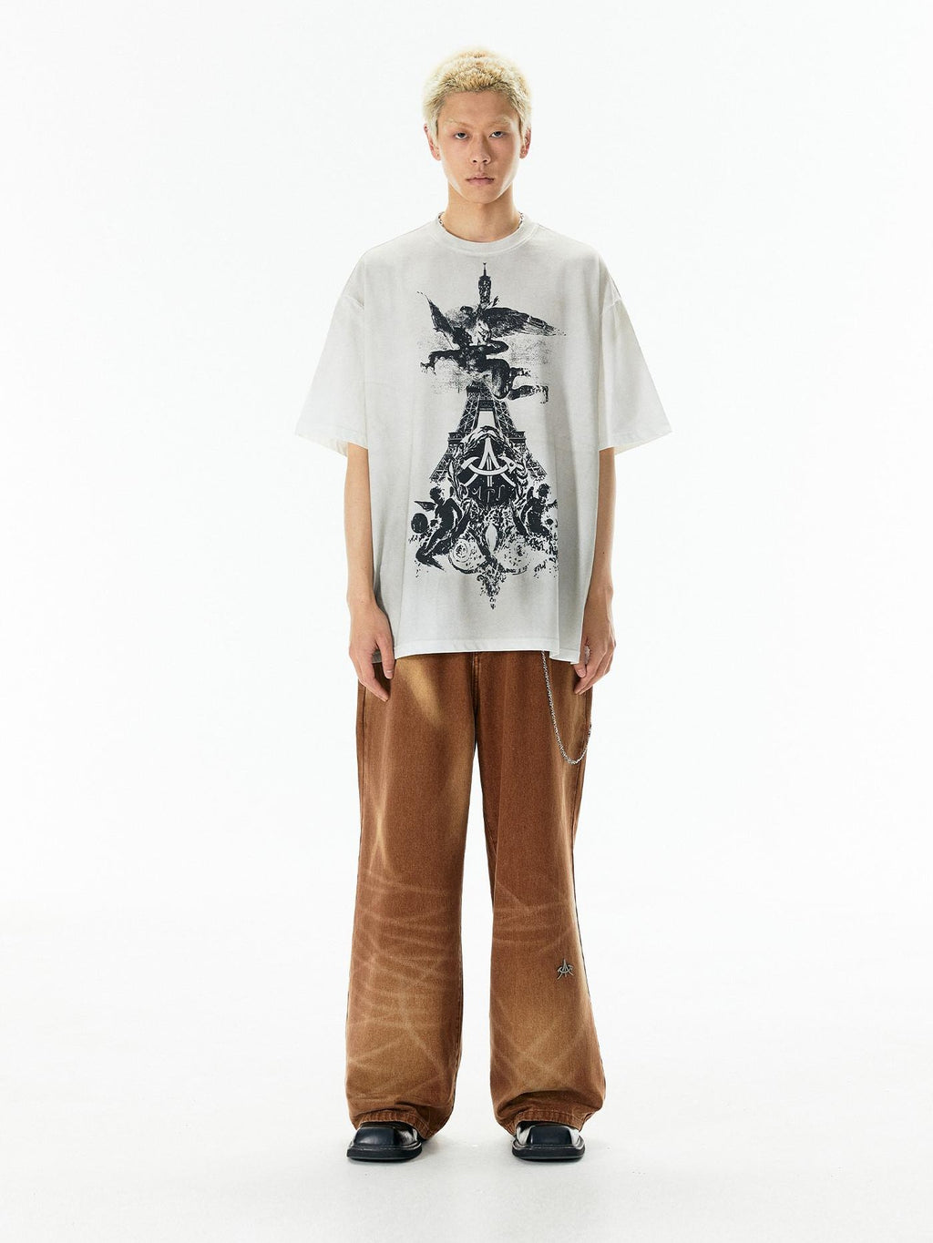 APRIORITY Caramel Special Wash Metal Zipper Women's Cotton Denim Wide-leg Jeans