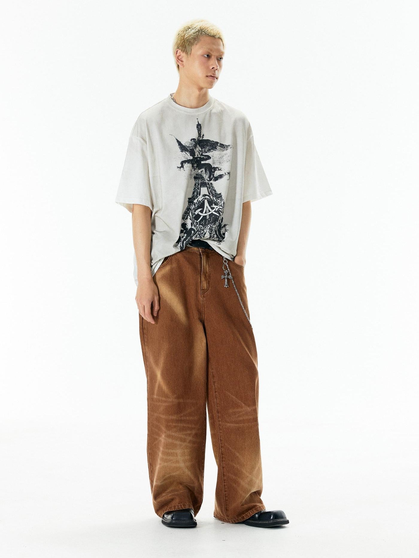 APRIORITY Caramel Special Wash Metal Zipper Women's Cotton Denim Wide-leg Jeans