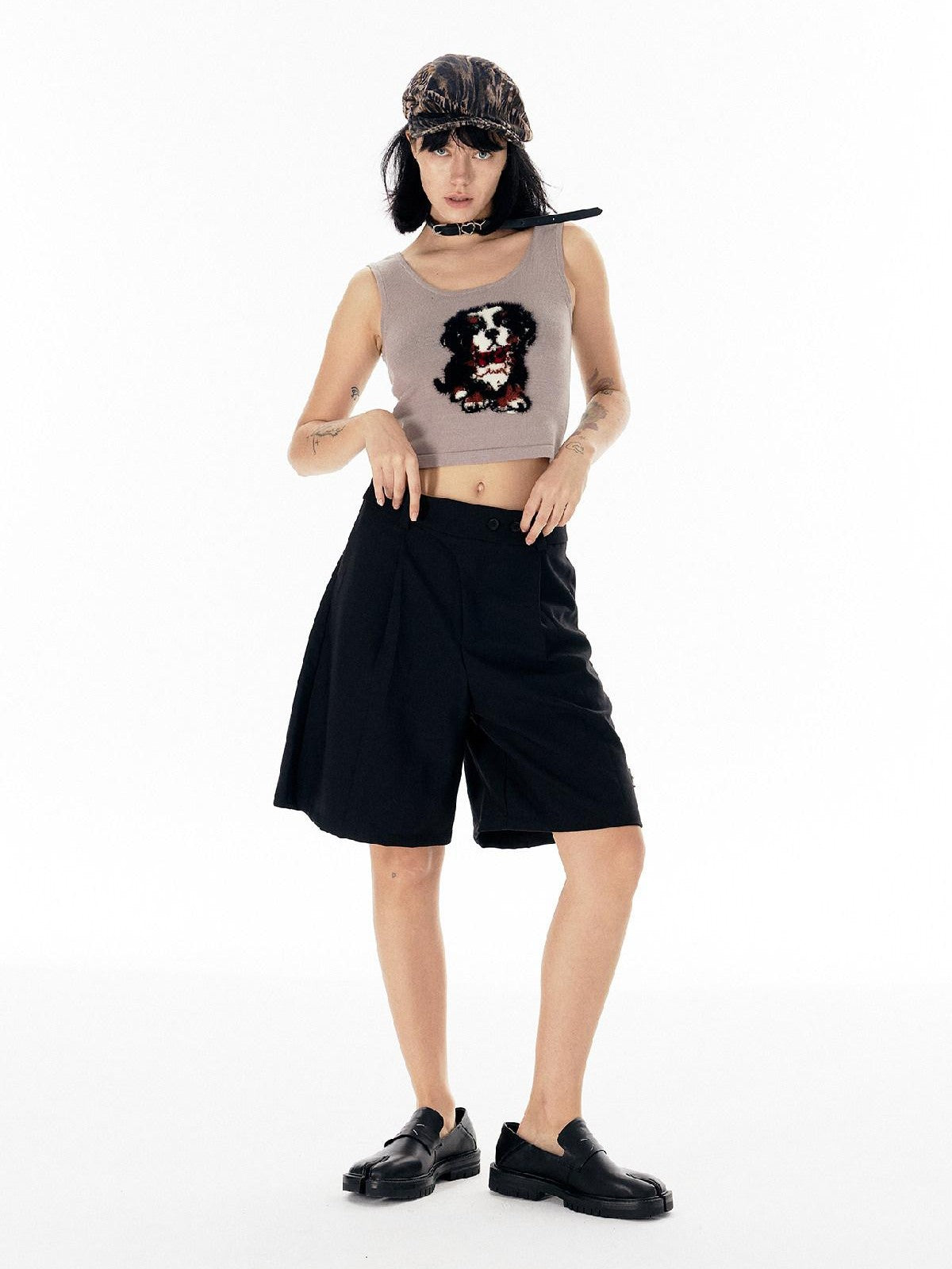 APRIORITY Casual Pleated Adjustable Waist Women's Polyester Spandex Blend Bermuda Shorts