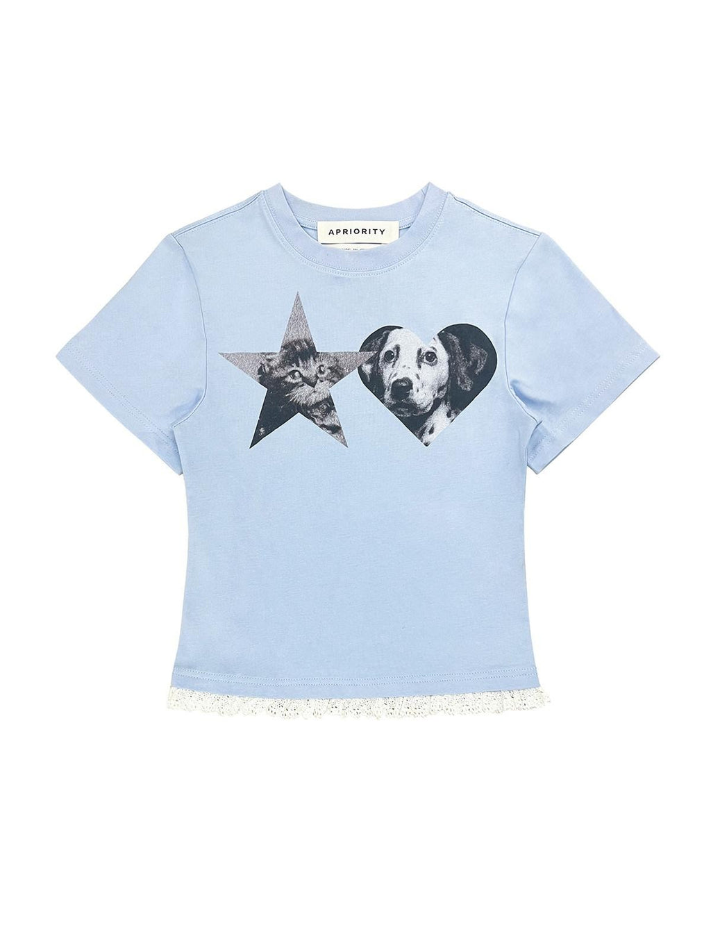 APRIORITY Cat And Dog Lace Hem White Ink Print Women's Cotton Slim T-shirts
