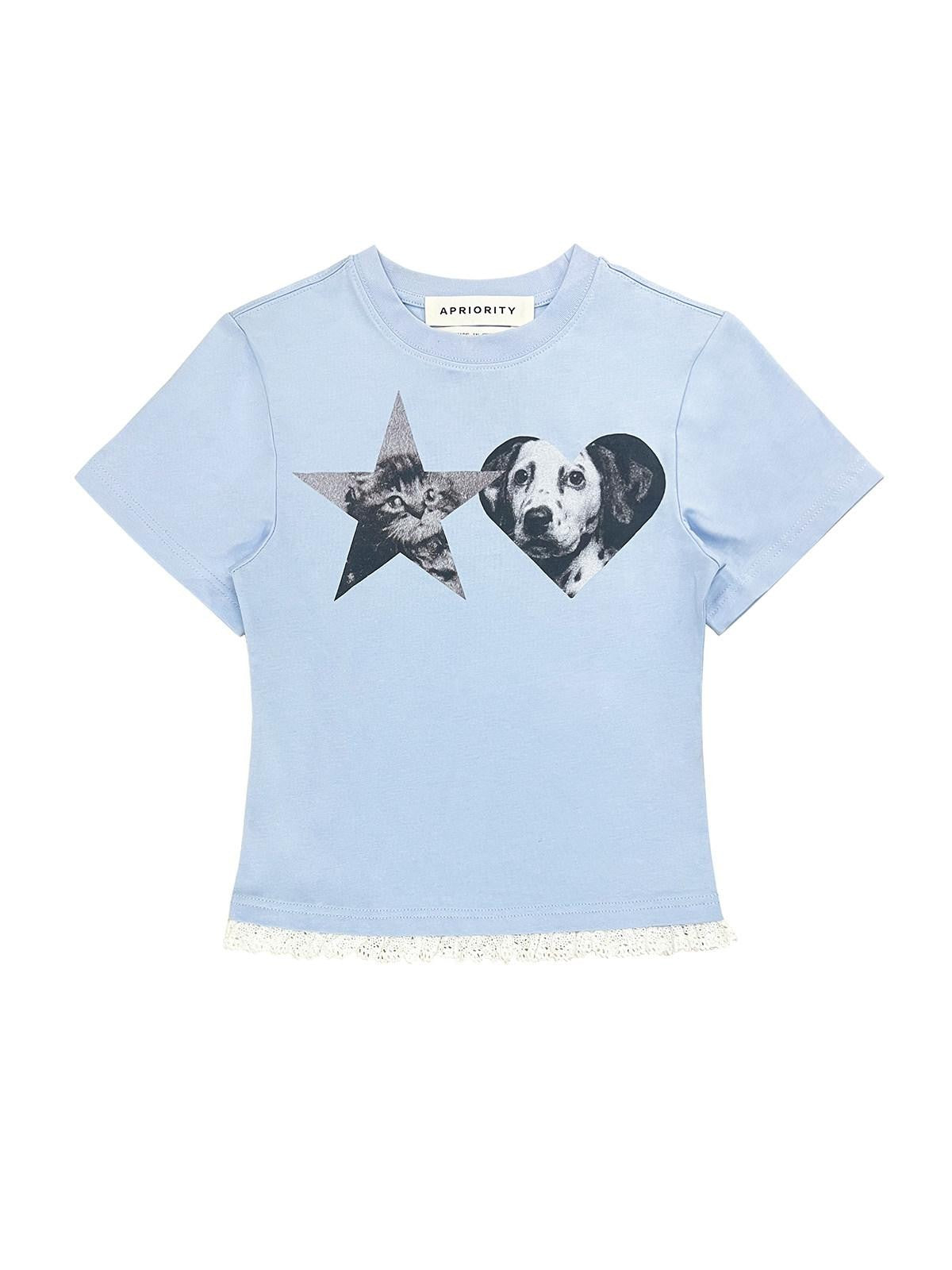 APRIORITY Cat And Dog Lace Hem White Ink Print Women's Cotton Slim T-shirts