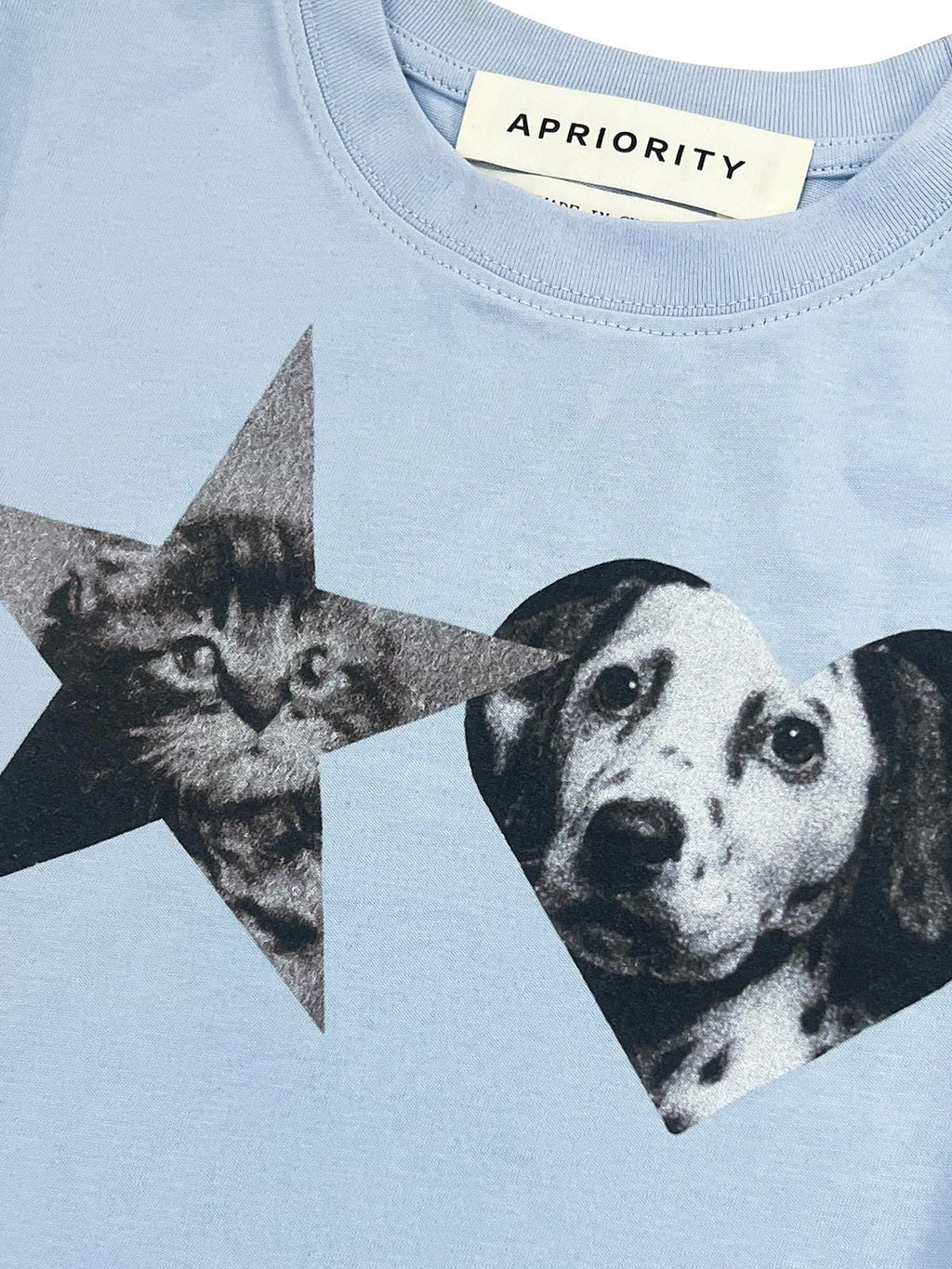 APRIORITY Cat And Dog Lace Hem White Ink Print Women's Cotton Slim T-shirts
