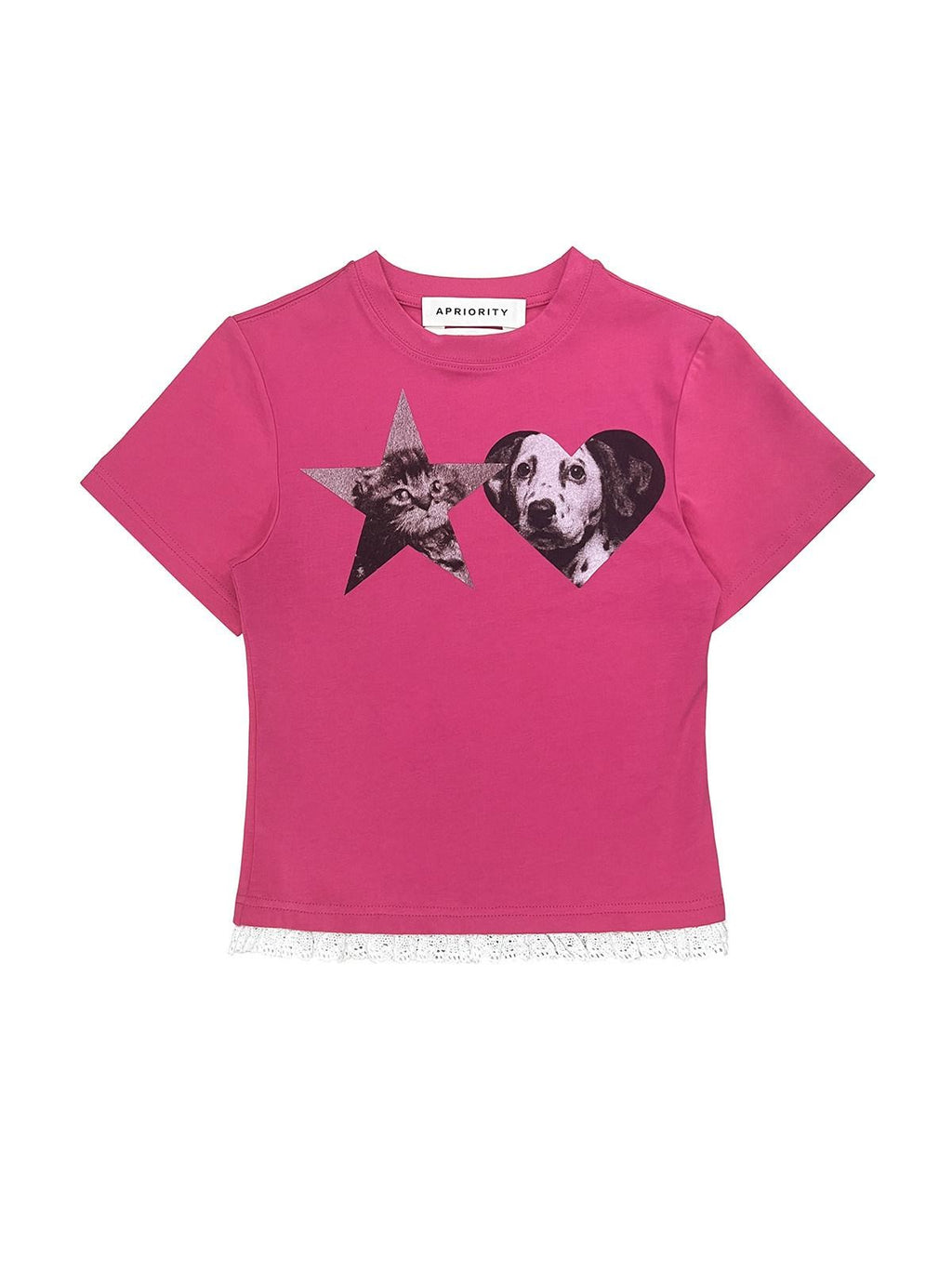 APRIORITY Cat And Dog Lace Hem White Ink Print Women's Cotton Slim T-shirts