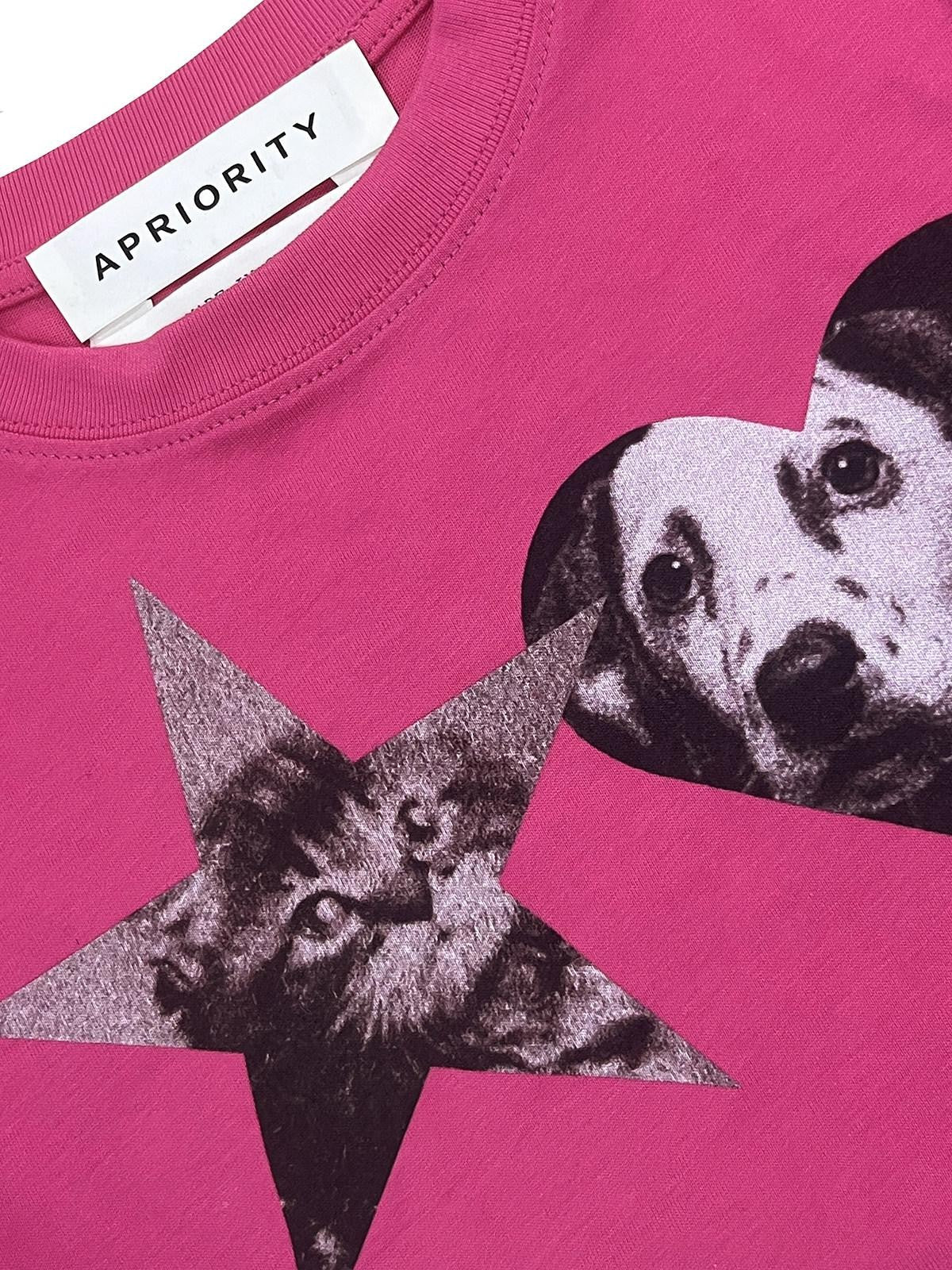 APRIORITY Cat And Dog Lace Hem White Ink Print Women's Cotton Slim T-shirts