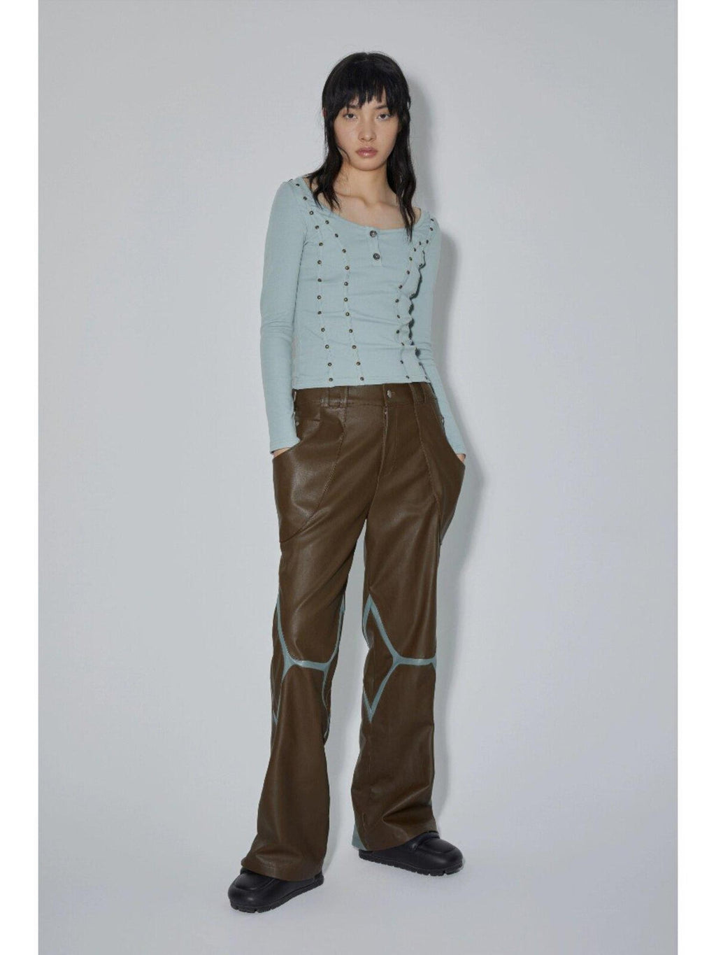 APRIORITY Coffee Brown Special Cut Straight Leg Patchwork Women's Pu Leather Pants