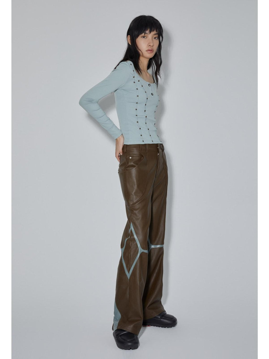 APRIORITY Coffee Brown Special Cut Straight Leg Patchwork Women's Pu Leather Pants