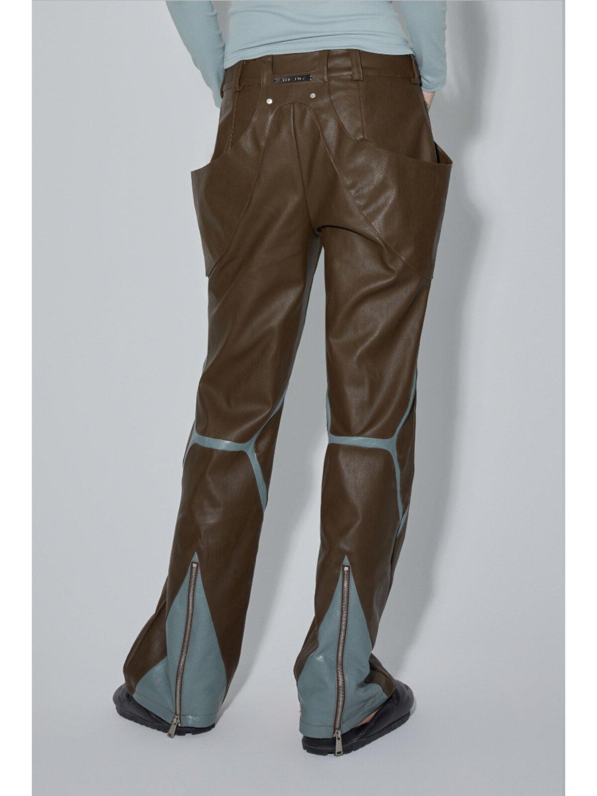 APRIORITY Coffee Brown Special Cut Straight Leg Patchwork Women's Pu Leather Pants