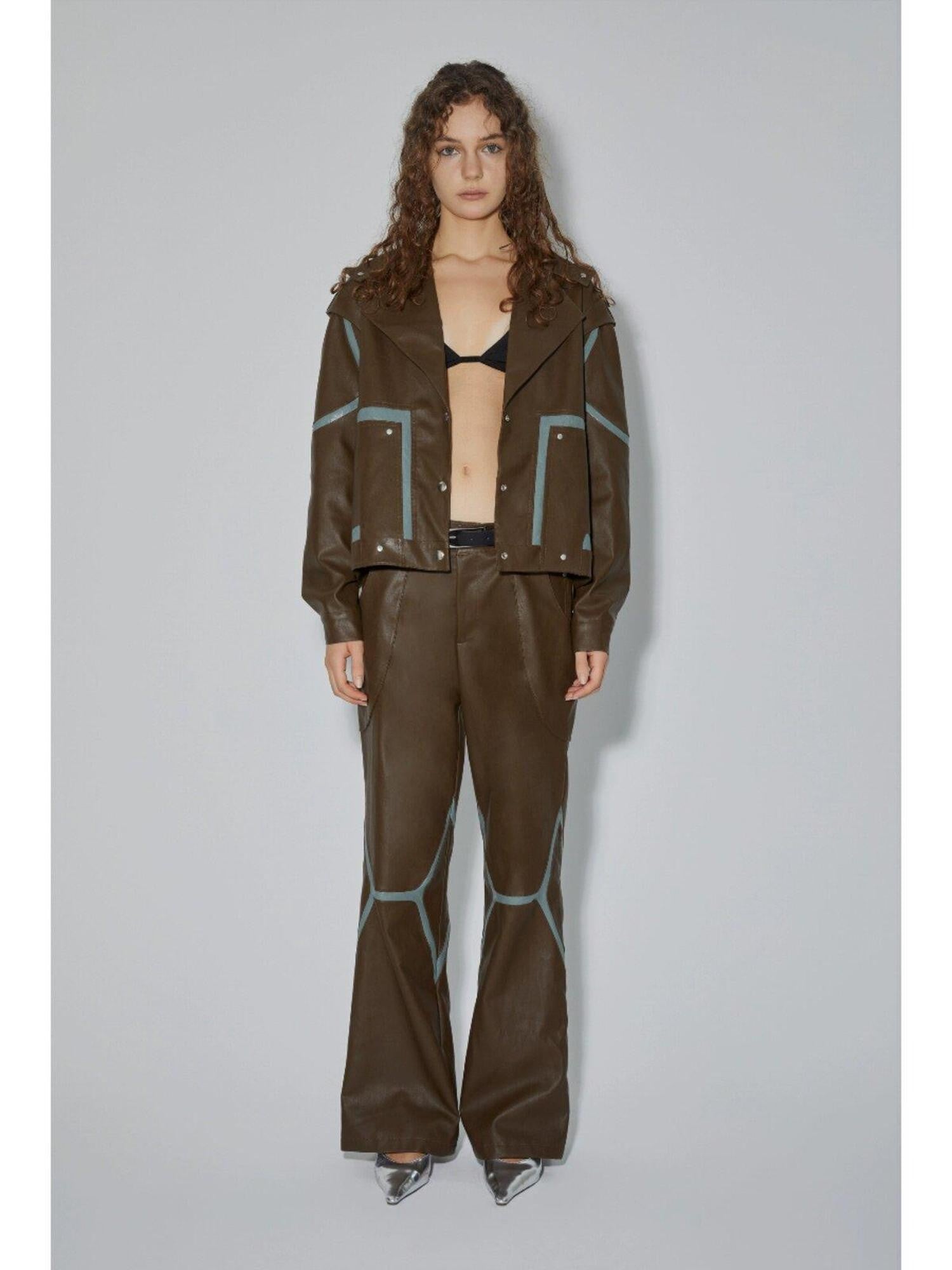 APRIORITY Coffee Brown Special Cut Straight Leg Patchwork Women's Pu Leather Pants