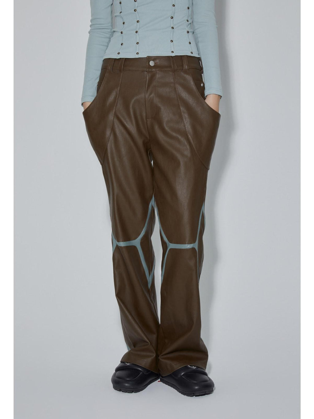 APRIORITY Coffee Brown Special Cut Straight Leg Patchwork Women's Pu Leather Pants