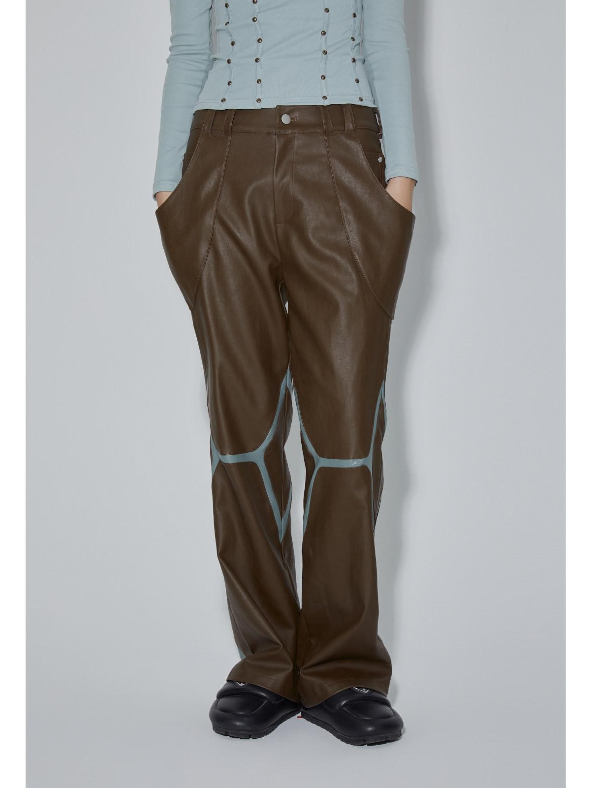 APRIORITY Coffee Brown Special Cut Straight Leg Patchwork Women's Pu Leather Pants