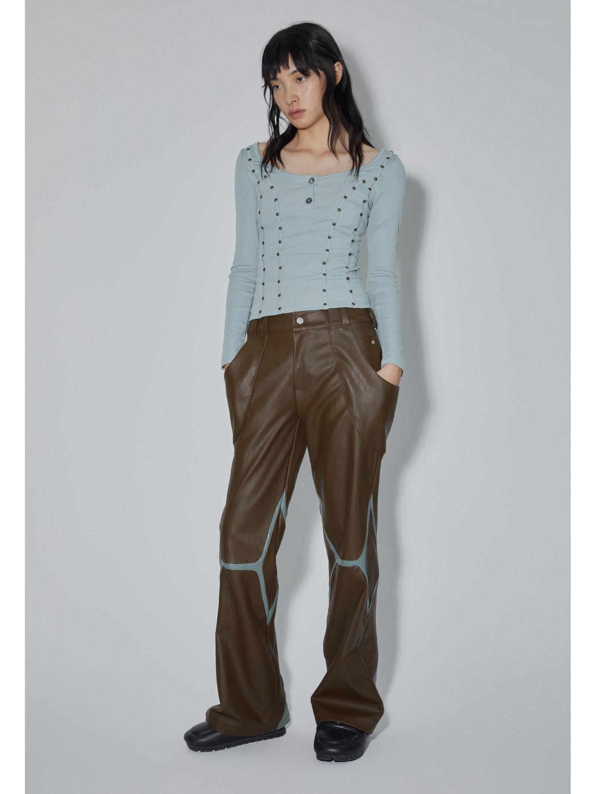 APRIORITY Coffee Brown Special Cut Straight Leg Patchwork Women's Pu Leather Pants