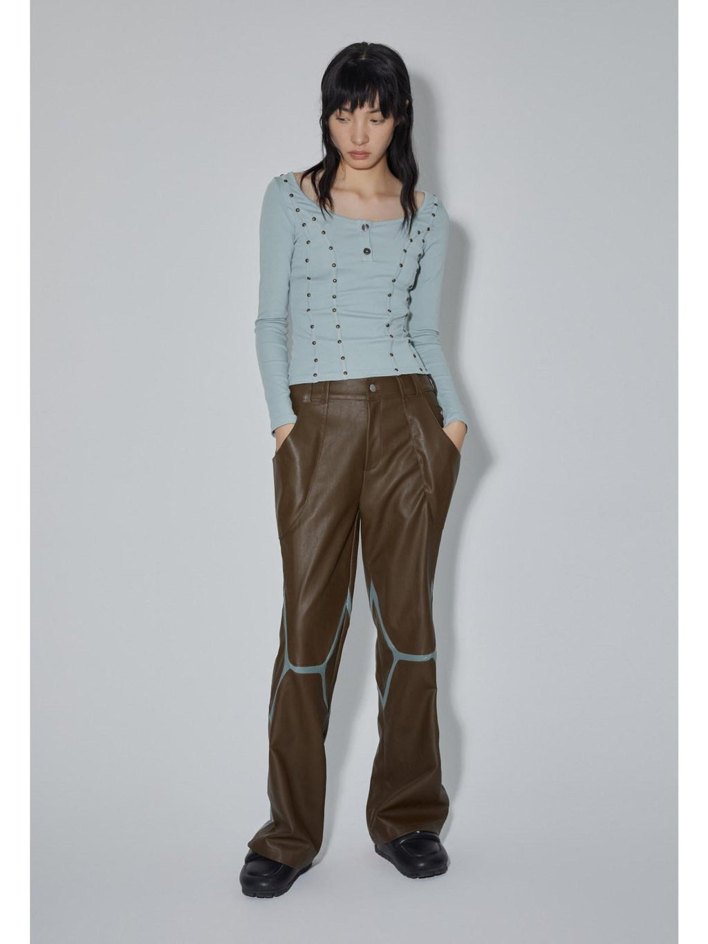 APRIORITY Coffee Brown Special Cut Straight Leg Patchwork Women's Pu Leather Pants