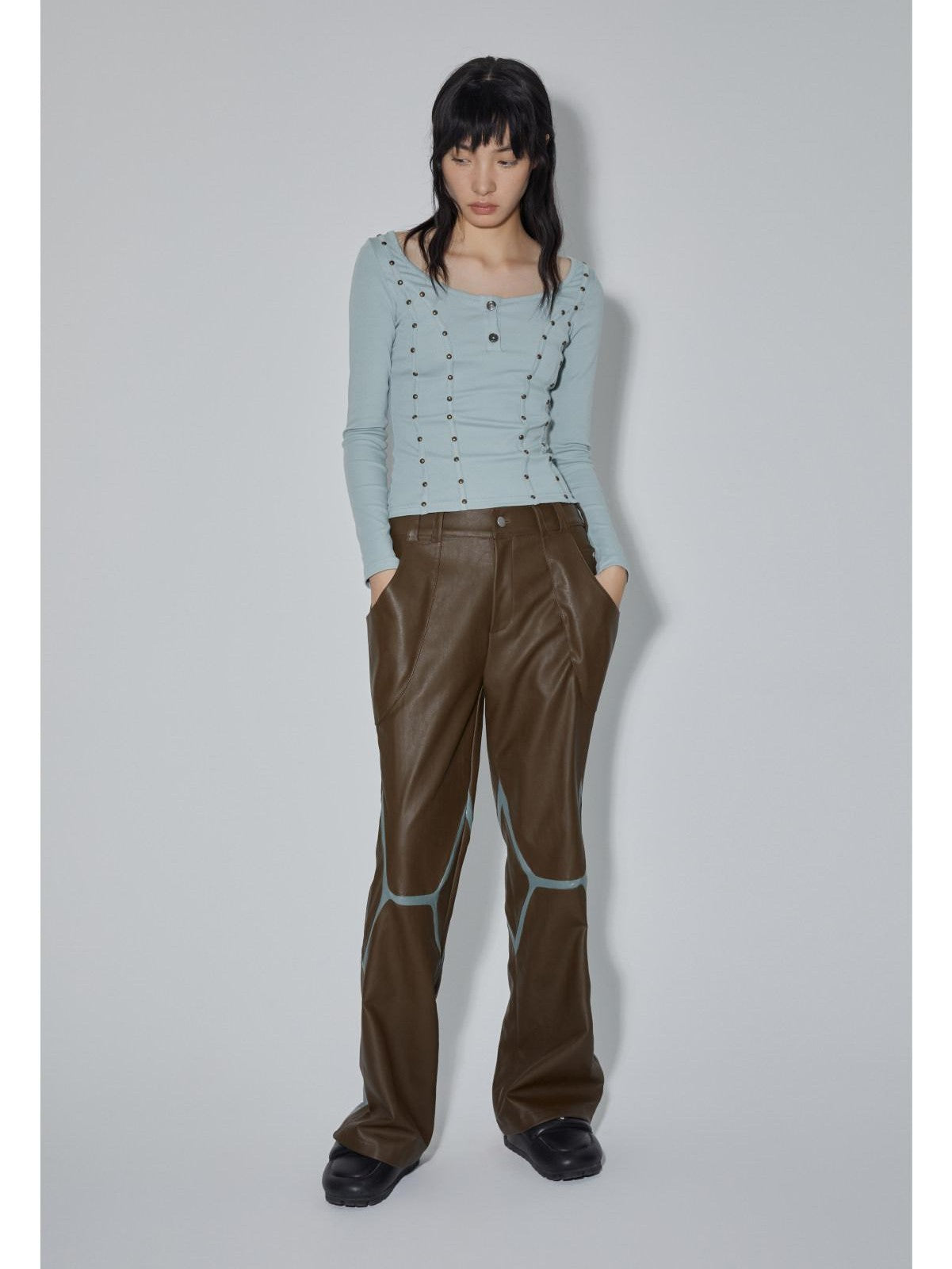 APRIORITY Coffee Brown Special Cut Straight Leg Patchwork Women's Pu Leather Pants