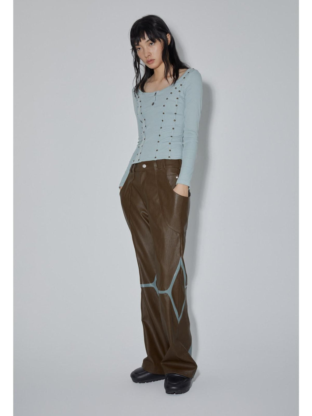 APRIORITY Coffee Brown Special Cut Straight Leg Patchwork Women's Pu Leather Pants