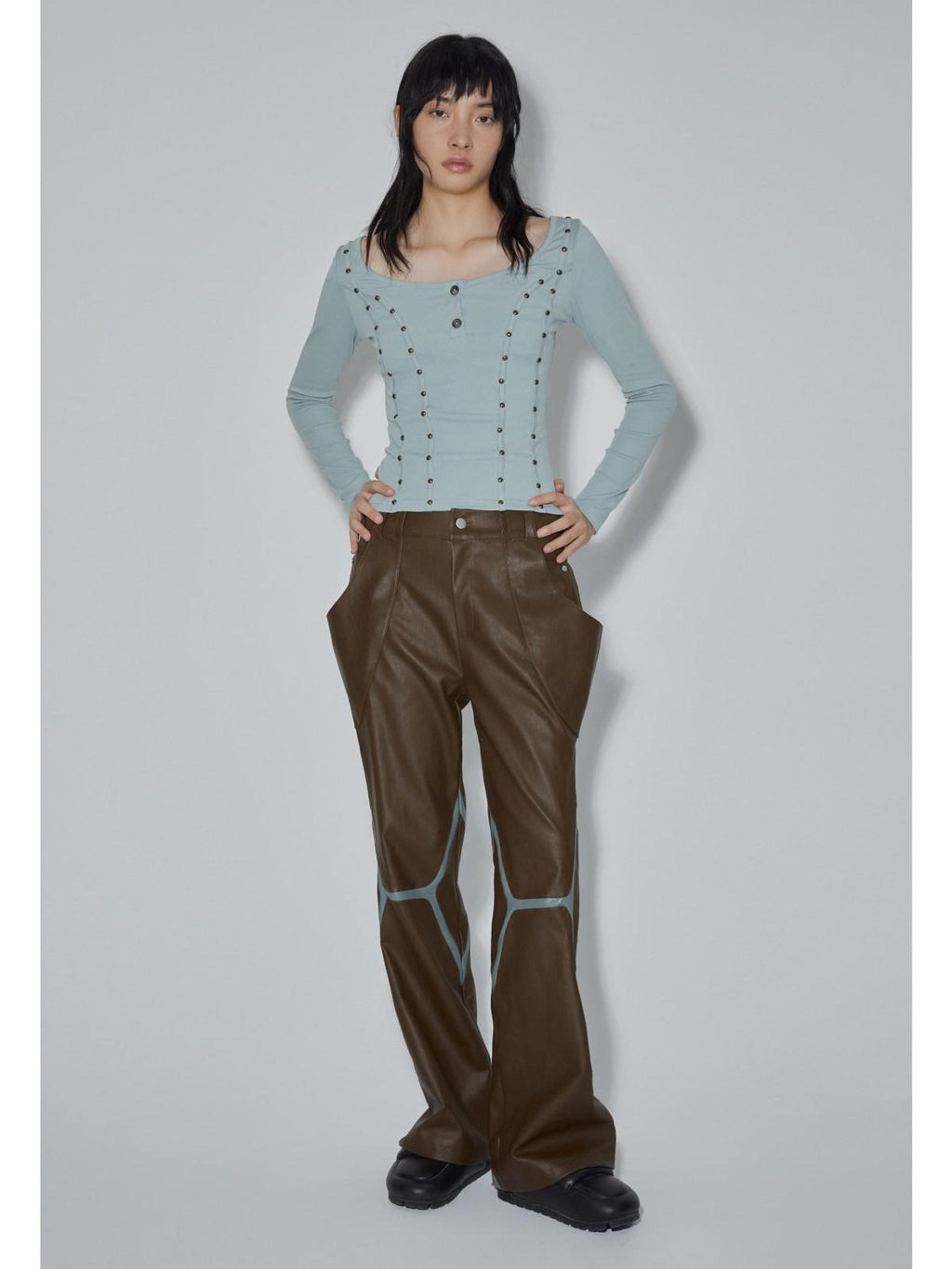 APRIORITY Coffee Brown Special Cut Straight Leg Patchwork Women's Pu Leather Pants