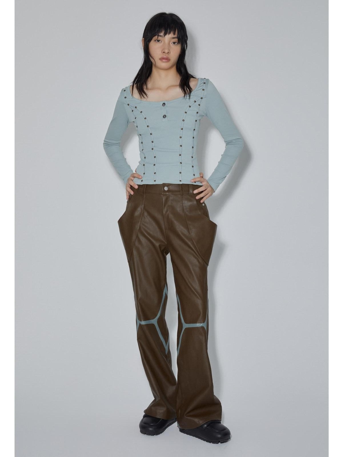 APRIORITY Coffee Brown Special Cut Straight Leg Patchwork Women's Pu Leather Pants