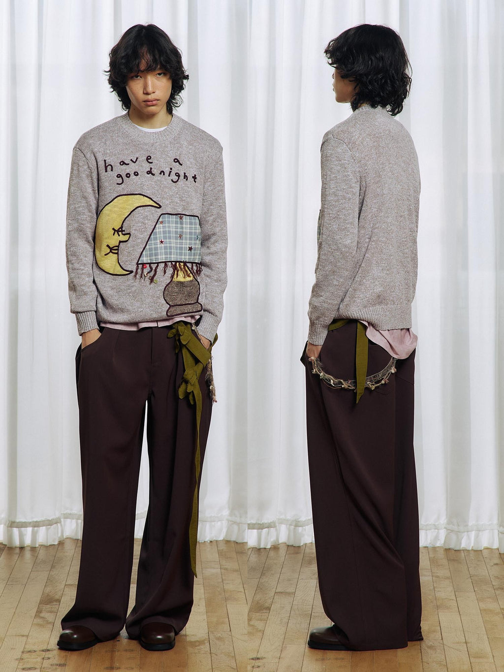 APRIORITY Color Block Yarn Rope Embroidery Applique Loose Women's Long Sleeve Crew Neck Sweaters
