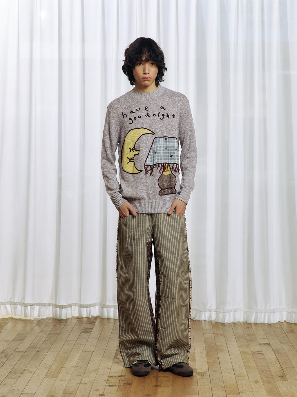 APRIORITY Color Block Yarn Rope Embroidery Applique Loose Women's Long Sleeve Crew Neck Sweaters