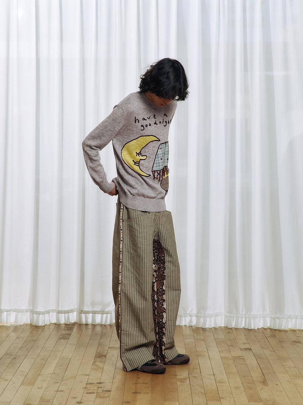 APRIORITY Color Block Yarn Rope Embroidery Applique Loose Women's Long Sleeve Crew Neck Sweaters