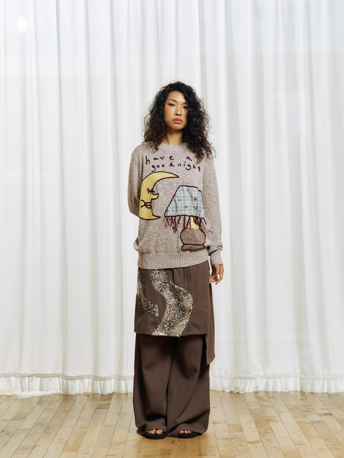 APRIORITY Color Block Yarn Rope Embroidery Applique Loose Women's Long Sleeve Crew Neck Sweaters
