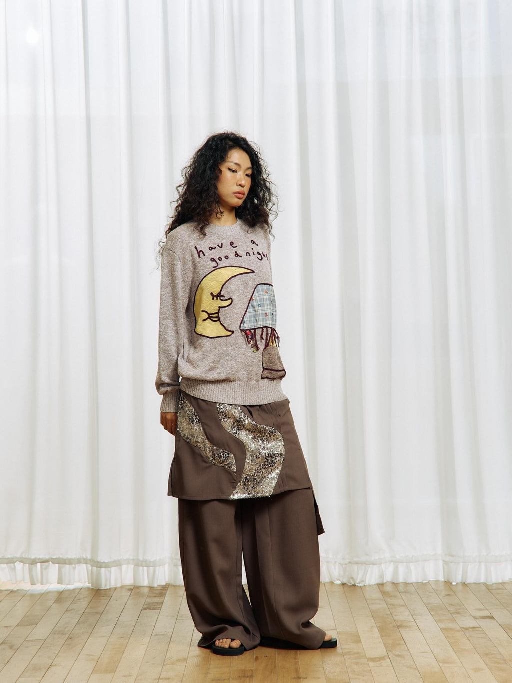 APRIORITY Color Block Yarn Rope Embroidery Applique Loose Women's Long Sleeve Crew Neck Sweaters