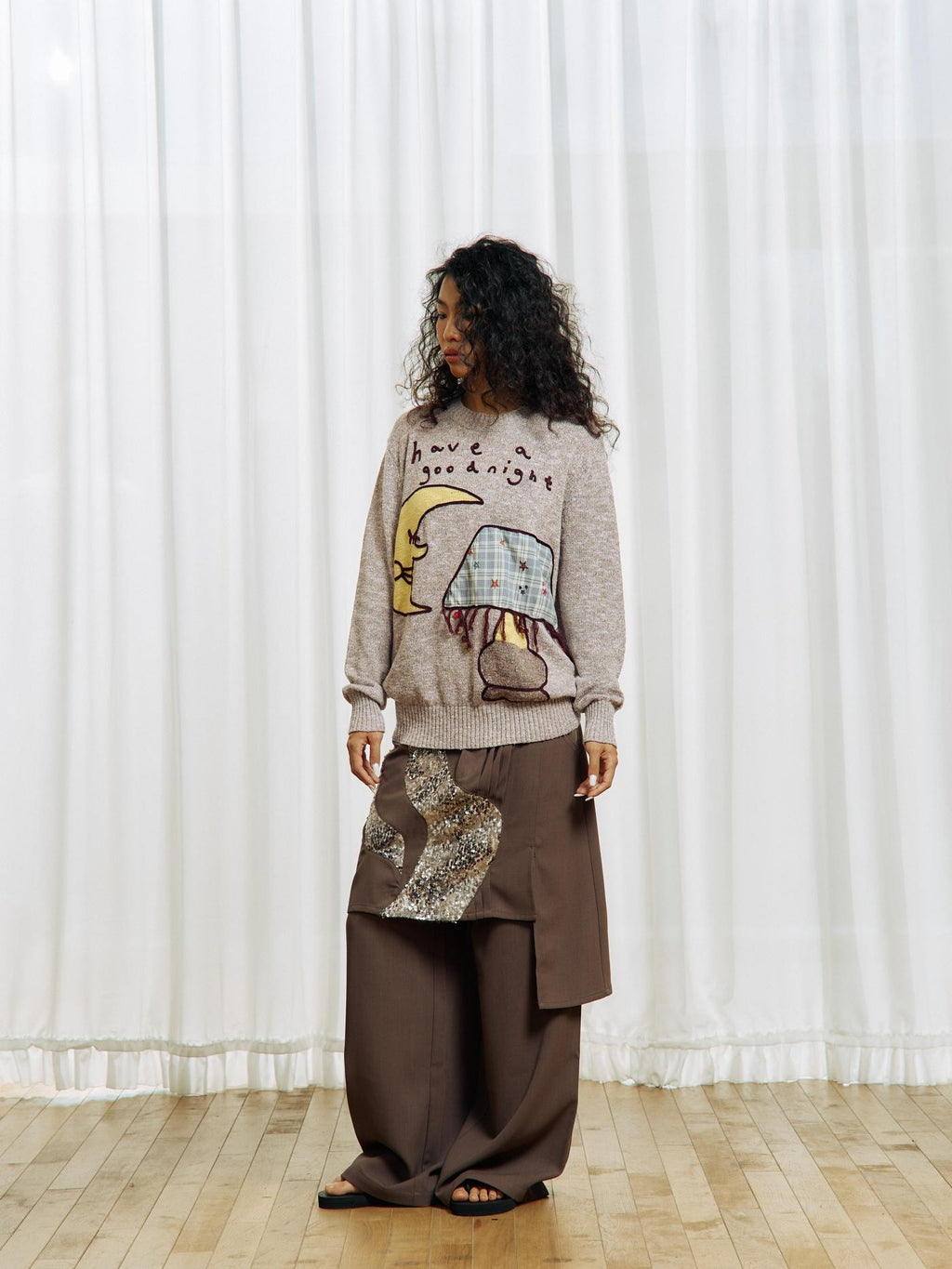 APRIORITY Color Block Yarn Rope Embroidery Applique Loose Women's Long Sleeve Crew Neck Sweaters