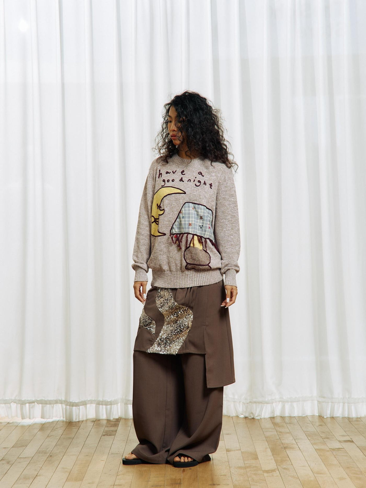 APRIORITY Color Block Yarn Rope Embroidery Applique Loose Women's Long Sleeve Crew Neck Sweaters