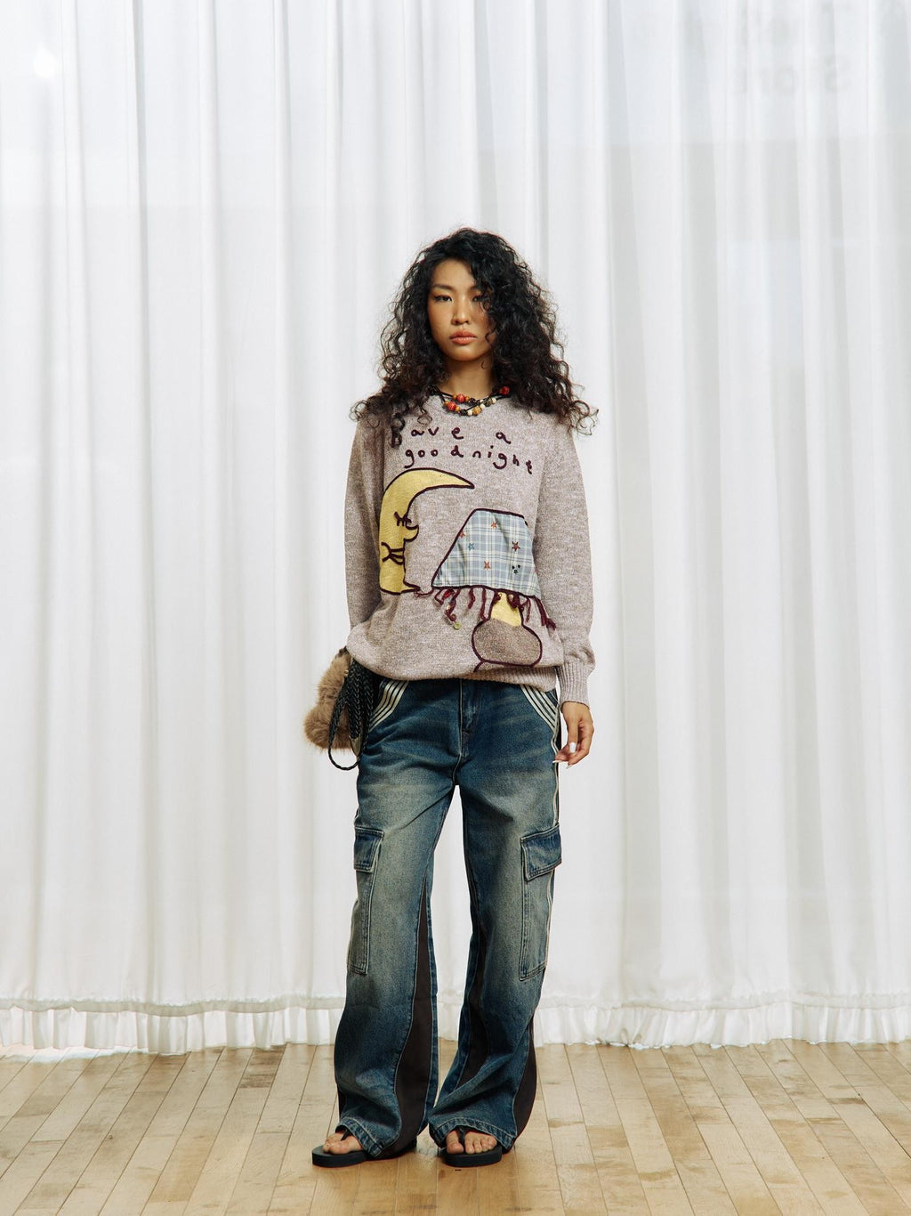 APRIORITY Color Block Yarn Rope Embroidery Applique Loose Women's Long Sleeve Crew Neck Sweaters