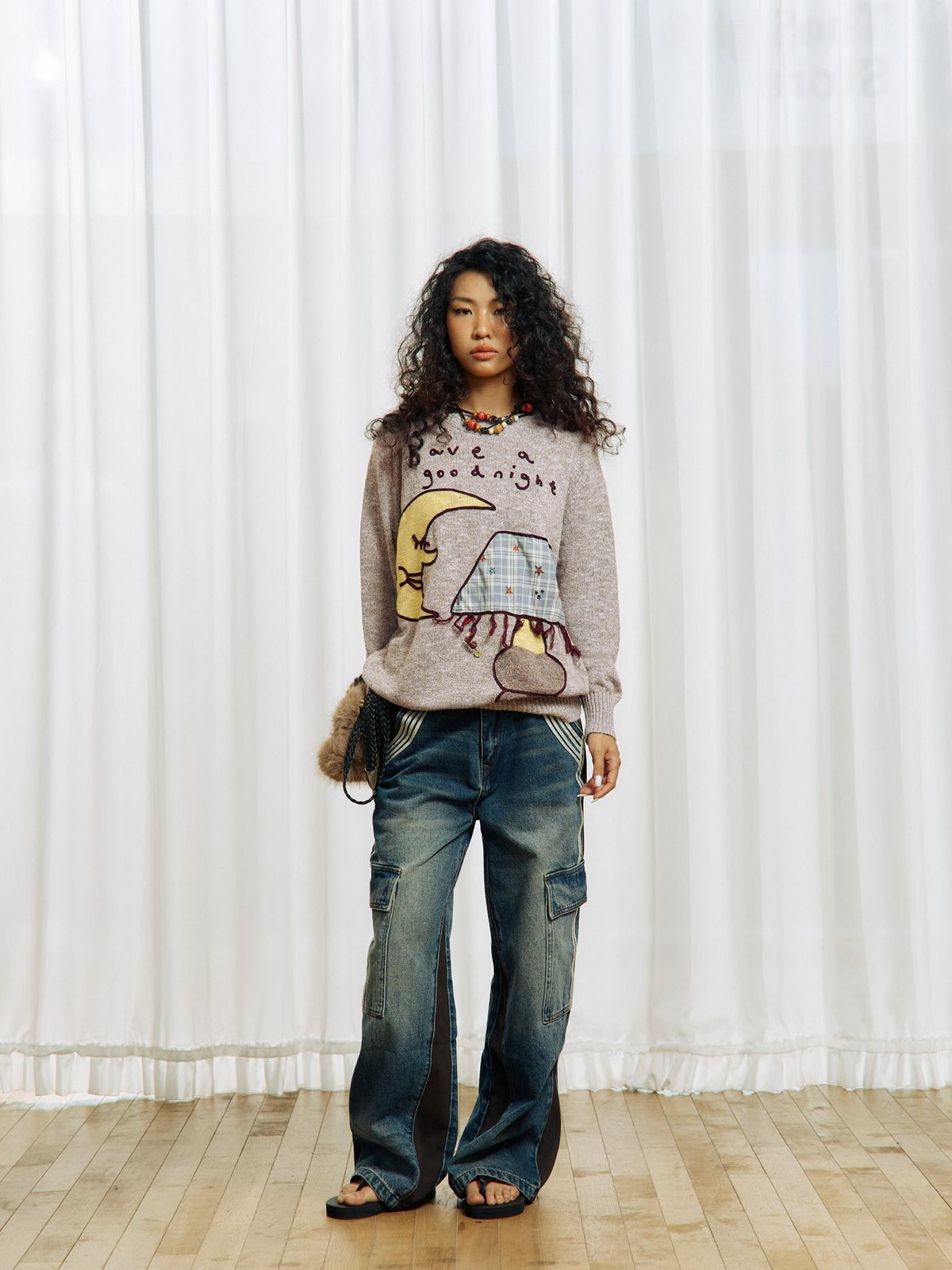 APRIORITY Color Block Yarn Rope Embroidery Applique Loose Women's Long Sleeve Crew Neck Sweaters