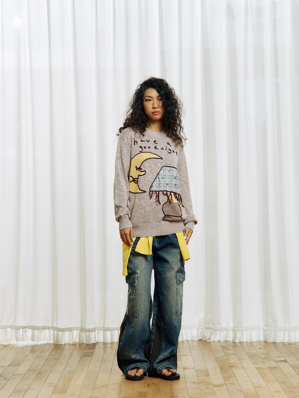 APRIORITY Color Block Yarn Rope Embroidery Applique Loose Women's Long Sleeve Crew Neck Sweaters