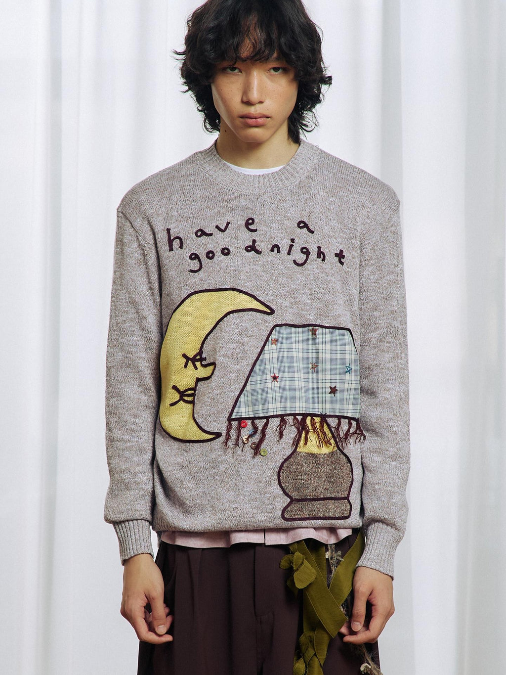 APRIORITY Color Block Yarn Rope Embroidery Applique Loose Women's Long Sleeve Crew Neck Sweaters