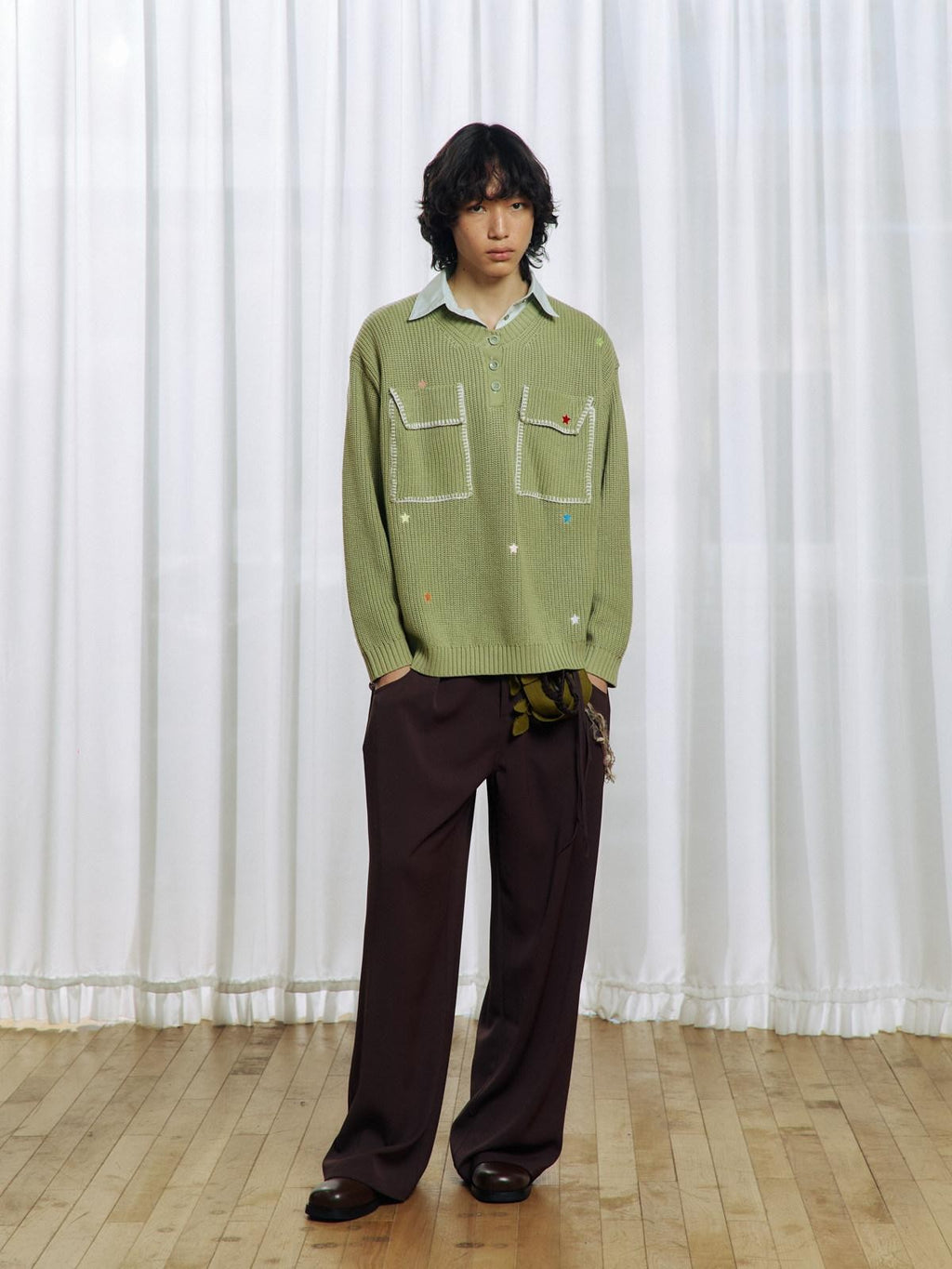 APRIORITY Colorful Star Embroidery Mock Layered Shirt Collar Women's Poly Blend Shirts