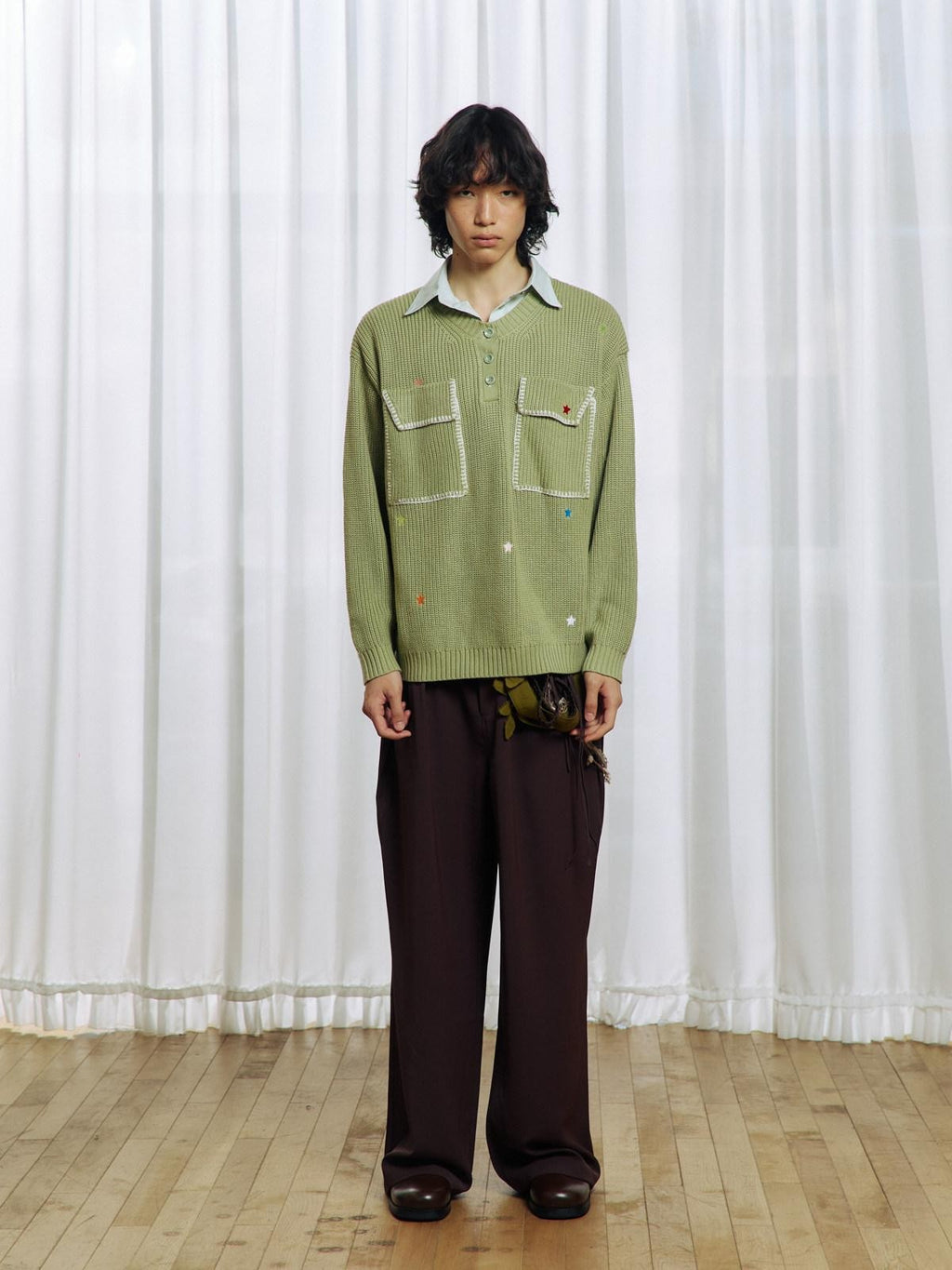 APRIORITY Colorful Star Embroidery Mock Layered Shirt Collar Women's Poly Blend Shirts