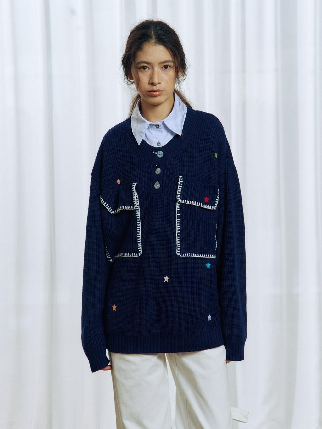 APRIORITY Colorful Star Embroidery Mock Layered Shirt Collar Women's Poly Blend Shirts
