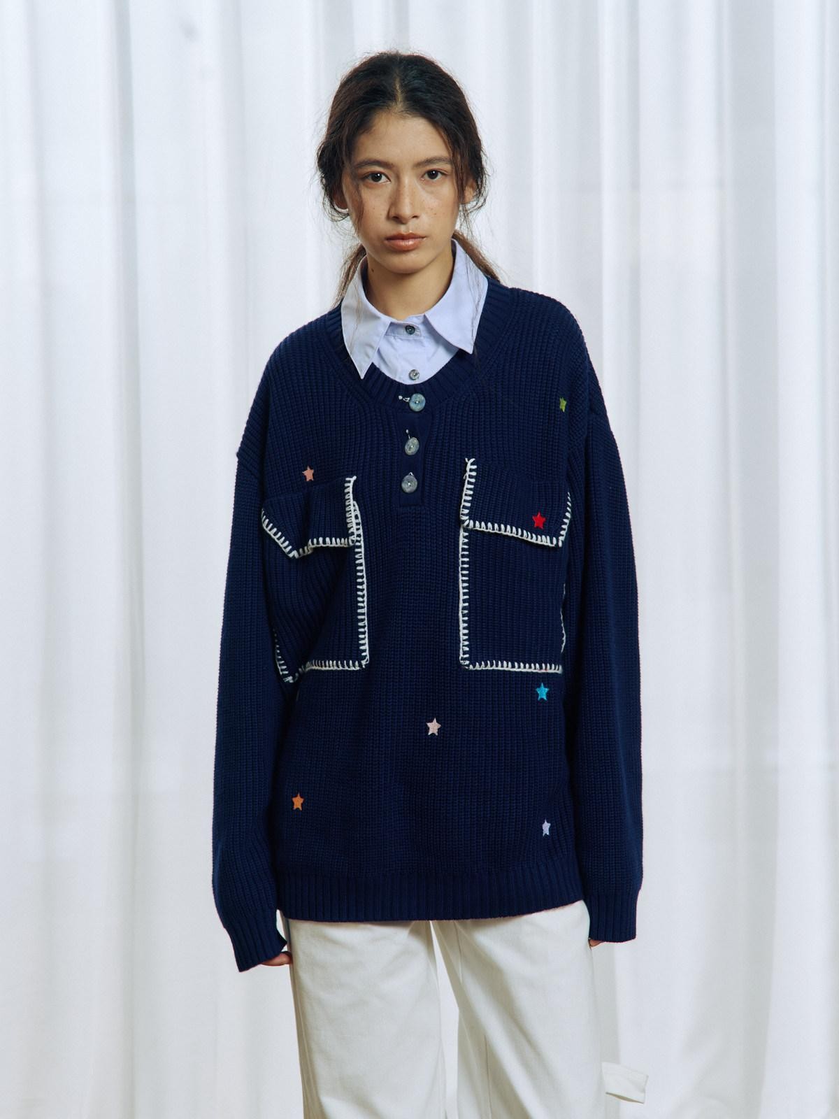 APRIORITY Colorful Star Embroidery Mock Layered Shirt Collar Women's Poly Blend Shirts