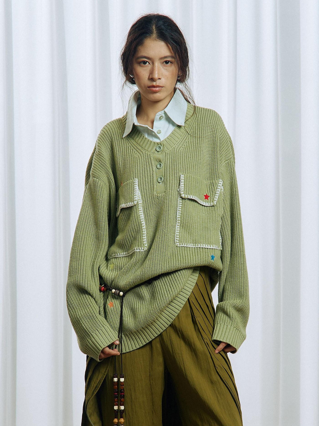 APRIORITY Colorful Star Embroidery Mock Layered Shirt Collar Women's Poly Blend Shirts
