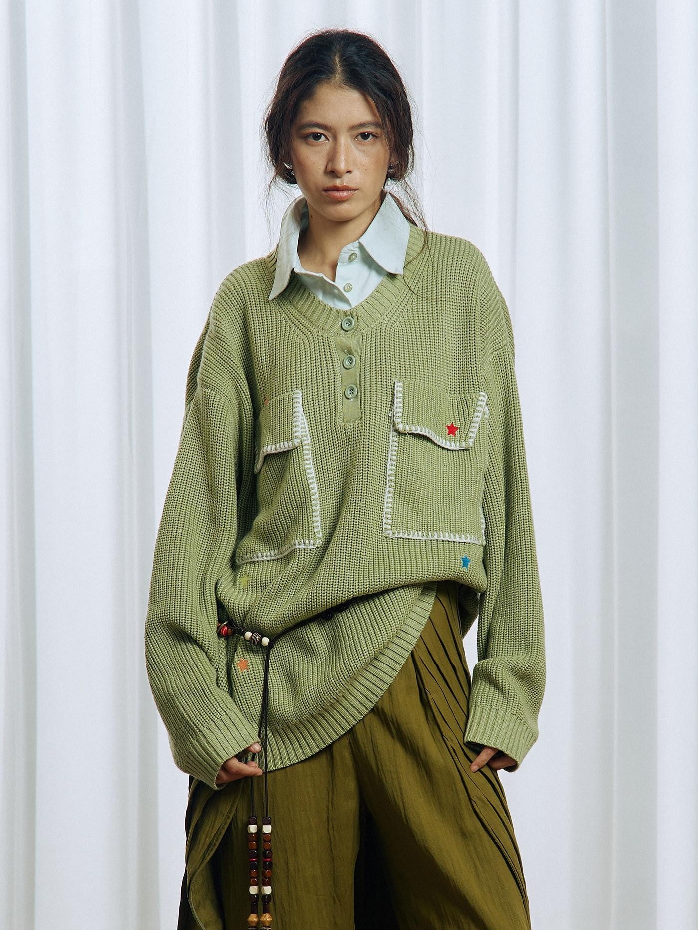 APRIORITY Colorful Star Embroidery Mock Layered Shirt Collar Women's Poly Blend Shirts