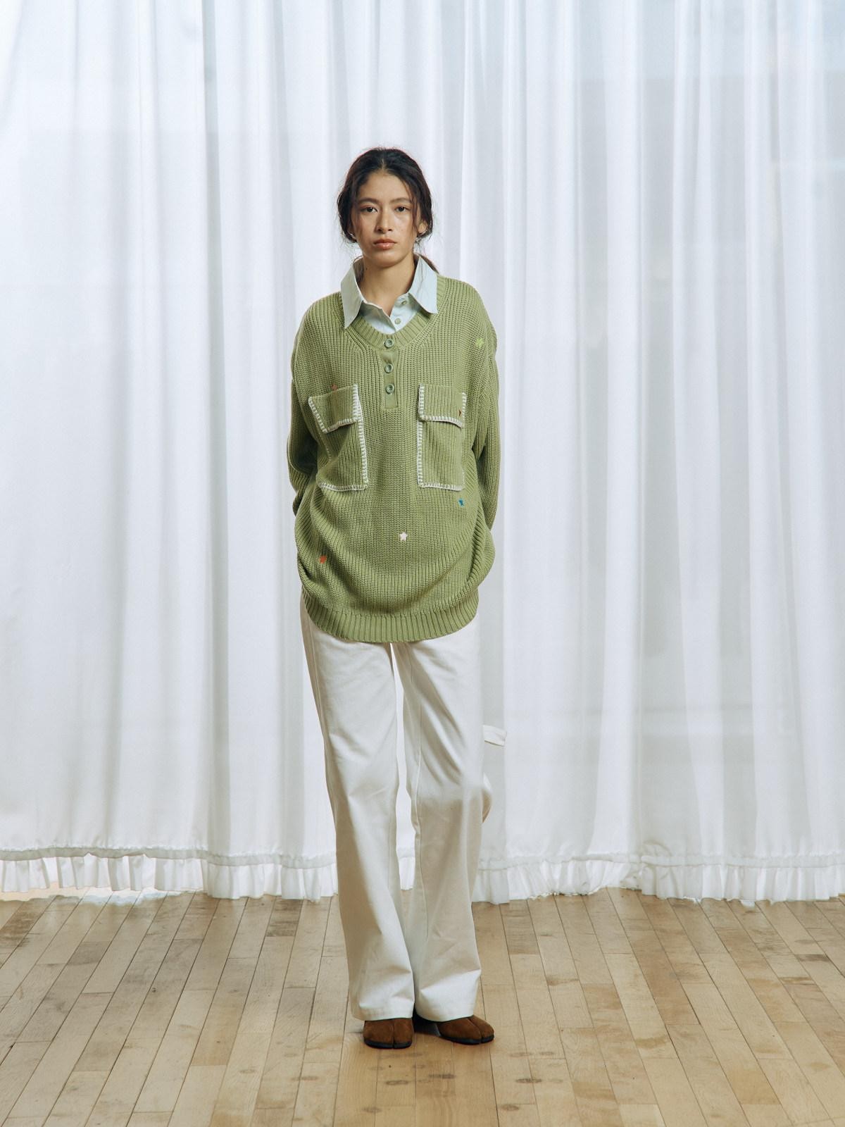 APRIORITY Colorful Star Embroidery Mock Layered Shirt Collar Women's Poly Blend Shirts