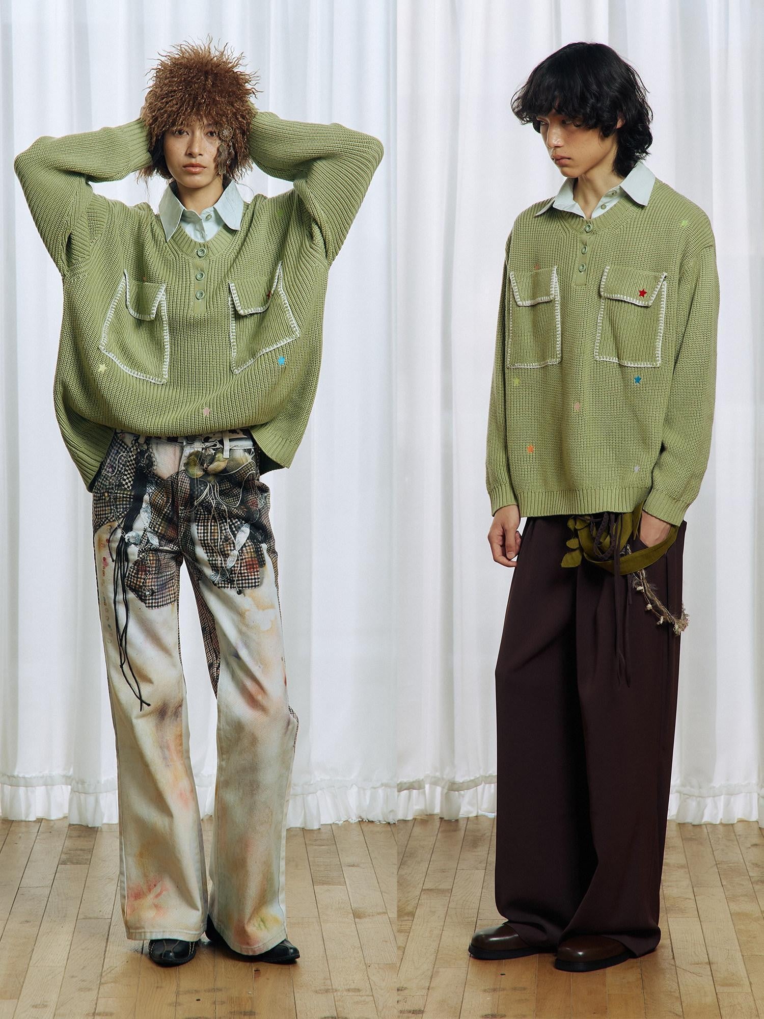 APRIORITY Colorful Star Embroidery Mock Layered Shirt Collar Women's Poly Blend Shirts