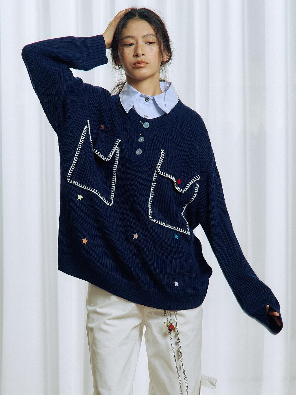 APRIORITY Colorful Star Embroidery Mock Layered Shirt Collar Women's Poly Blend Shirts
