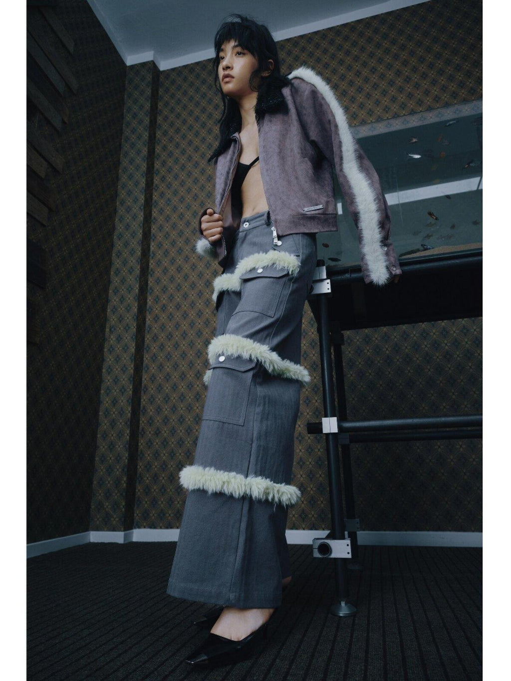 APRIORITY Contrast Green Frayed Hem Multi Pocket Women's Cotton Wide-leg Pants