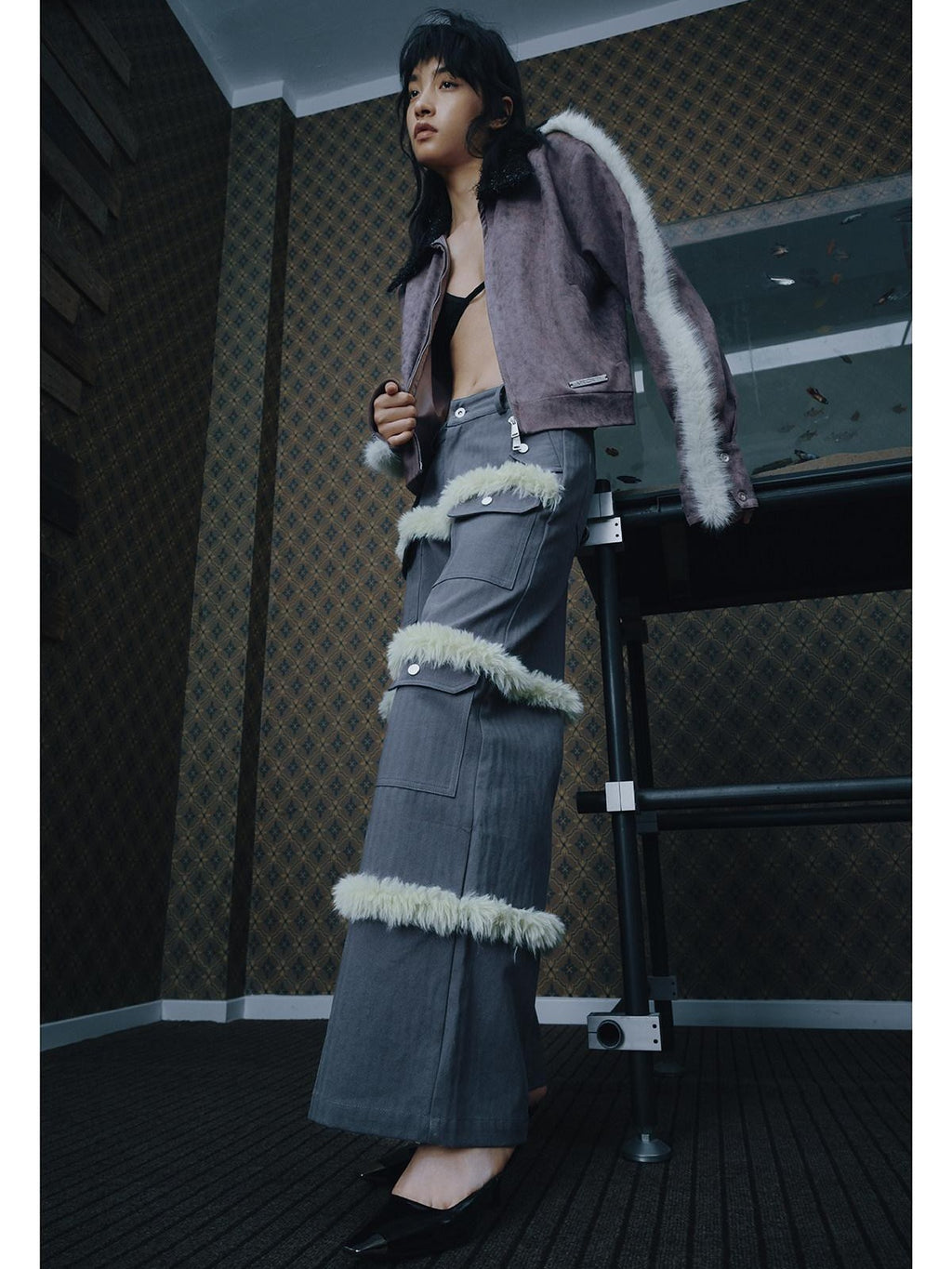 APRIORITY Contrast Green Frayed Hem Multi Pocket Women's Cotton Wide-leg Pants