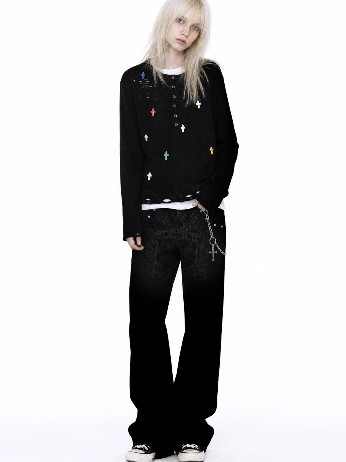 APRIORITY Cross Pendant Henley Button Front Wool Blend Women's Crew Neck Sweaters