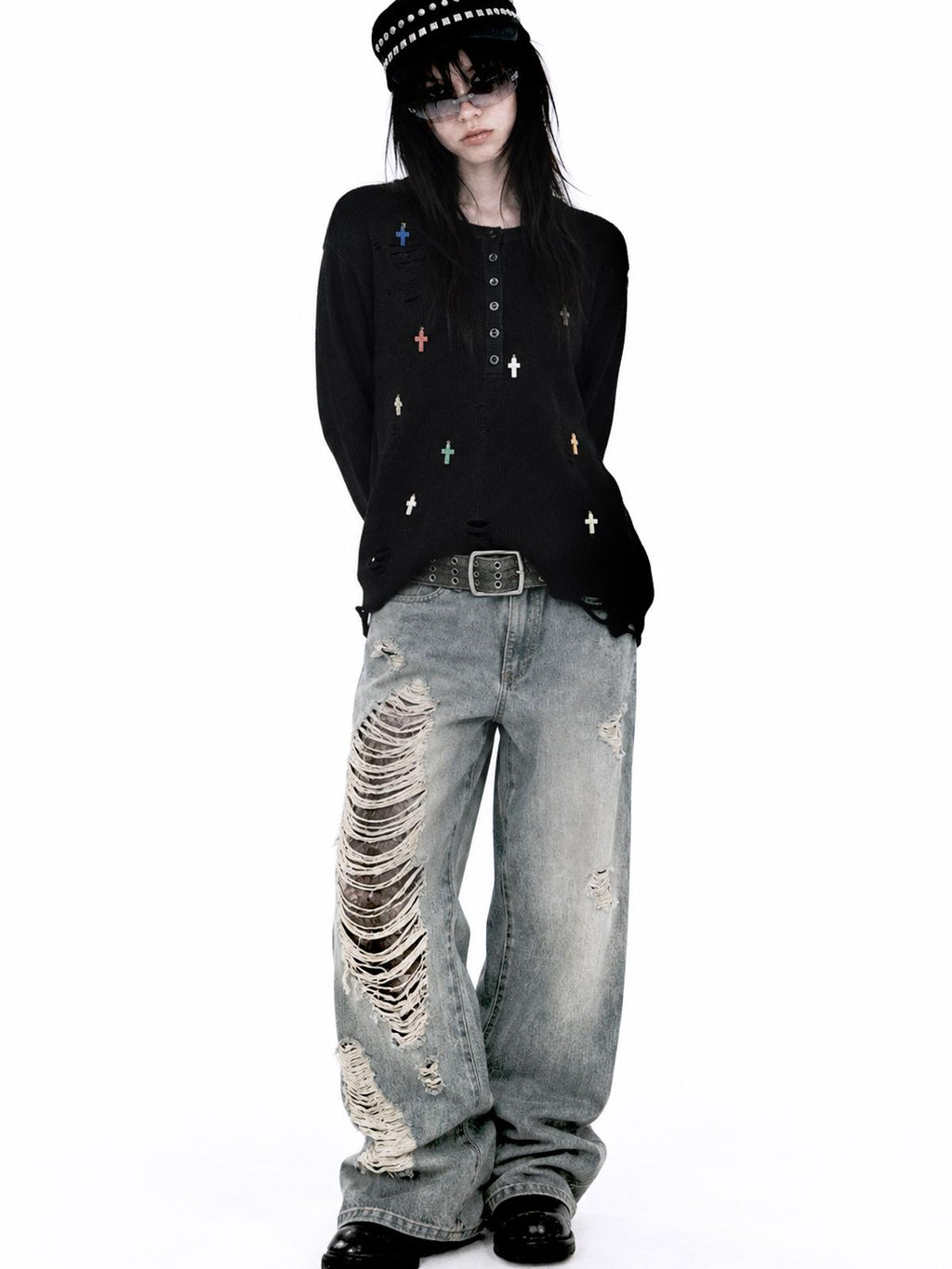 APRIORITY Cross Pendant Henley Button Front Wool Blend Women's Crew Neck Sweaters